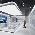 Modern Exhibition Hall Interior With Interactive Model Display And Digital Wall Screens