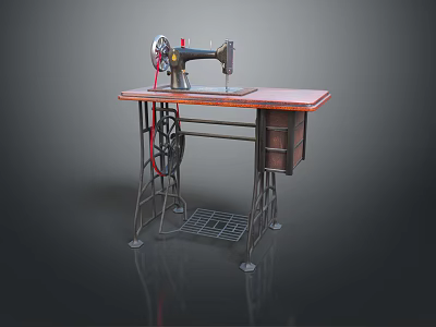 Vintage Sewing Machine on Metal Stand with Wooden Tabletop Drawer Foot Pedal and Thread Spool 3d model