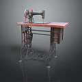 Vintage Sewing Machine on Metal Stand with Wooden Tabletop Drawer Foot Pedal and Thread Spool