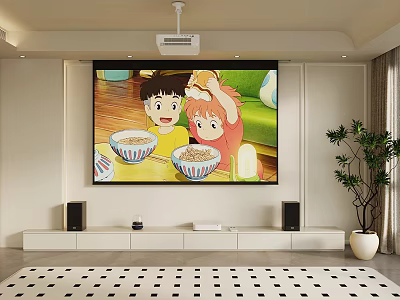 Living Room Large Screen Projector Showing Anime Kids Eating Noodles With Speakers And Potted Plant 3d model