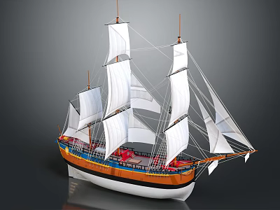 Detailed Sailing Ship Model With White Sails Orange And Blue Hull Design 3d model