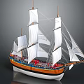 Detailed Sailing Ship Model With White Sails Orange And Blue Hull Design