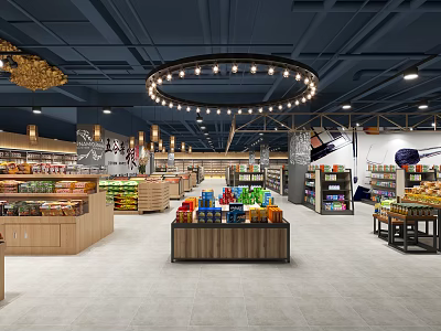 Modern Supermarket Interior With Shelves Products Lighting Fruit And Beverage Display Sections 3d model