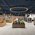 Modern Supermarket Interior With Shelves Products Lighting Fruit And Beverage Display Sections