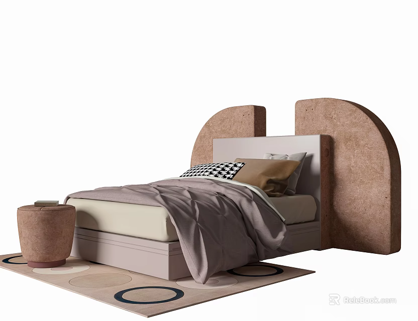 Cozy Kids Bed with Curved Headboard Light Tones Pillows and Round Rug 3d model 