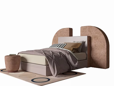 Cozy Kids Bed with Curved Headboard Light Tones Pillows and Round Rug 3d model