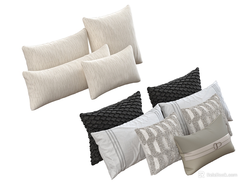 Set of Decorative Throw Pillows with Beige Black White Striped Geometric Patterns for Home Decor 3d model 