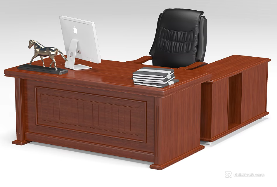 Wooden Office Desk With Apple iMac Horse Figurine Stack of Books and Black Leather Chair 3d model 