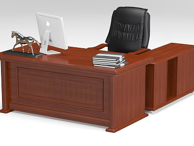 Wooden Office Desk With Apple iMac Horse Figurine Stack of Books and Black Leather Chair 3d model