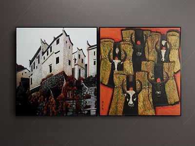 Two Paintings Traditional Architecture Scene And Abstract Golden Black Artwork 3d model