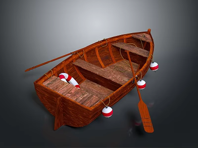 Classic Wooden Boat Interior With Wooden Oar Red And White Life Preservers And Buoys 3d model
