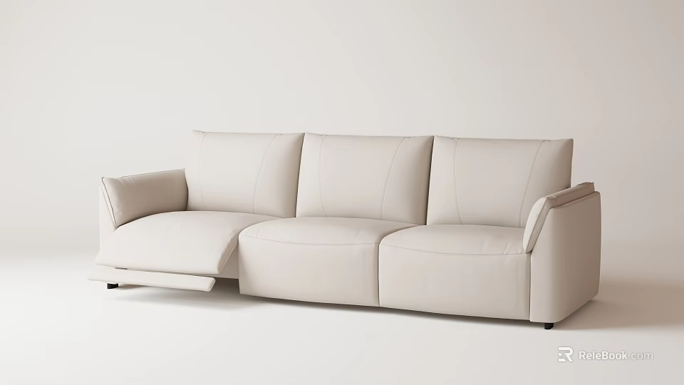 Modern Three Seater Sofa With Light Beige Leather Upholstery And Armrests 3d model