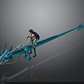 Detailed Blue Dragon With Riding Character And Long Body In Gray Background