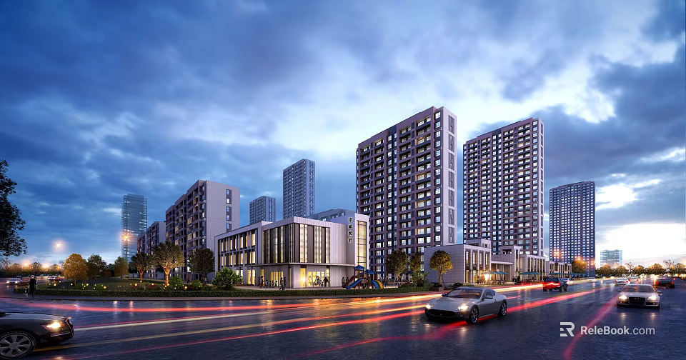 Modern High Rise Residential Building in Urban Area with Landscaping and Evening Sky 3d model 