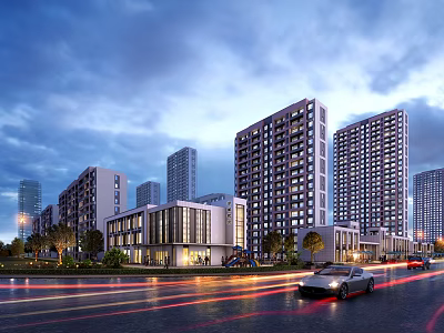 Modern High Rise Residential Building in Urban Area with Landscaping and Evening Sky 3d model