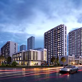 Modern High Rise Residential Building in Urban Area with Landscaping and Evening Sky
