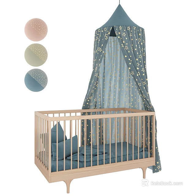Wooden Baby Crib With Blue Star Pattern Canopy Mattress Pillows And Colorful Decorative Balls 3d model 