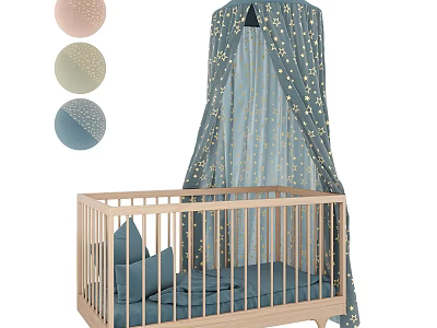 Wooden Baby Crib With Blue Star Pattern Canopy Mattress Pillows And Colorful Decorative Balls 3d model
