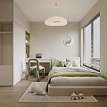 Modern Kids Room Interior with Beige Bed Green Pillows Study Desk and Window Blinds