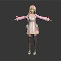 Anime Girl With Pink Hair In Pink Coat White Dress Purple Stockings And Pink Shoes