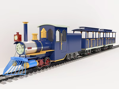 Vintage Blue Steam Train Locomotive With Yellow Accents Red Details And Passenger Carriages On Tracks 3d model