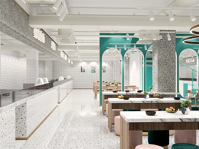 Modern Restaurant Interior With Green Walls Arch Decor Marble Tables And Wooden Chairs 3d model