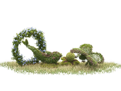 Creative Garden Bushes Sculpted Into Circular Wreath And Whale Shapes With Blue Flowers On Grass 3d model