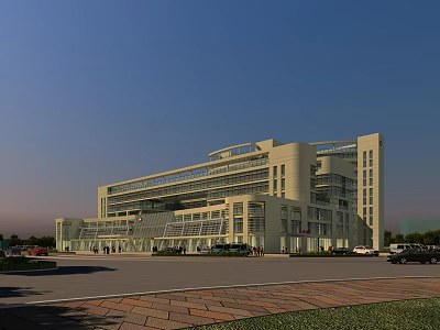 Modern Hospital Building Exterior Design With Glass Facade And Main Entrance Parking Area 3d model