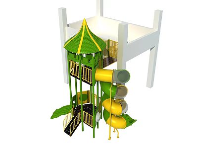 Green Tower Playground Equipment With Yellow Slides Stairs And Safety Railings 3d model