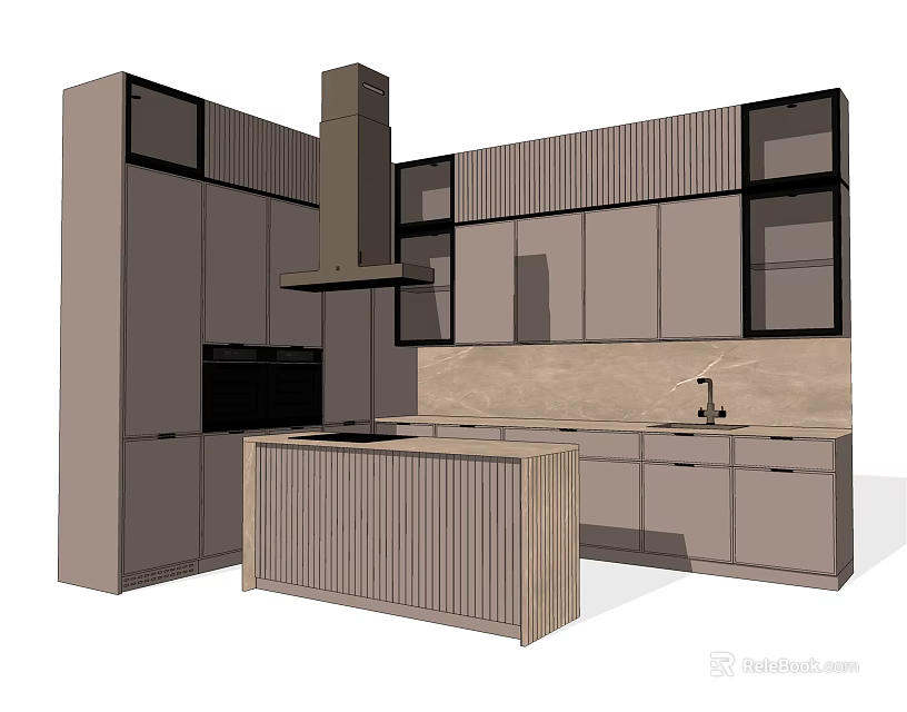 Modern Kitchen Interior With Stylish Cabinets Wooden Island And Range Hood 3d model 
