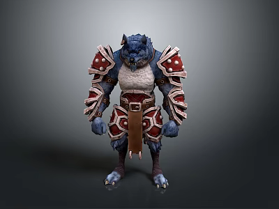 Wolfman Warrior Character in Decorative Armor with Red White Accents Spiked Shoulders and Leather Belt 3d model
