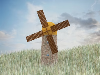 Windmill Architectural Components Featuring Wooden Blades And Brick Tower In Green Grassland Under Blue Sky 3d model