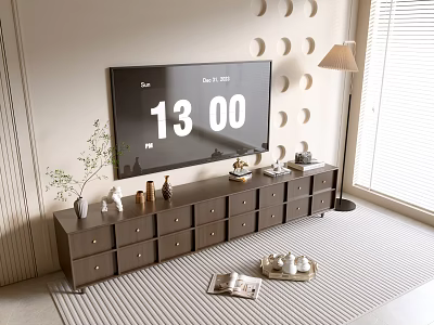 Modern Minimalist TV Stand with Wooden Storage Drawers and Decorative Items in Living Room 3d model