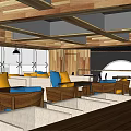 Spacious Restaurant Interior With High Ceiling Skylights Wooden Structure And Large Windows