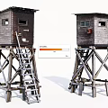 Two Vintage Wooden Watchtowers With Ladders And Rustic Elevated Structures Design 3d model