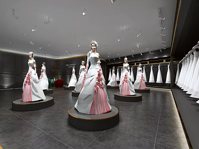 Elegant Wedding Dress Shop Interior With Mannequins In White And Pink Dresses And Hanging Gowns 3d model