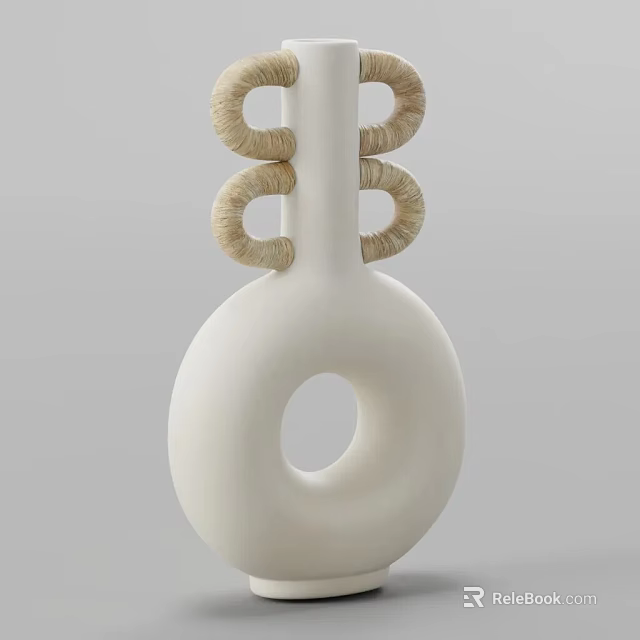 White Ceramic Vase Featuring Woven Ring Accents And Central Circular Hole Design 3d model 