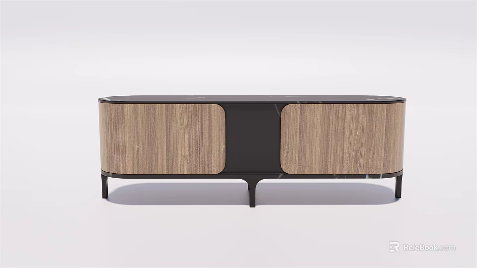 Modern TV Stand With Wooden Panels Black Accent And Metal Legs Design 3d model 