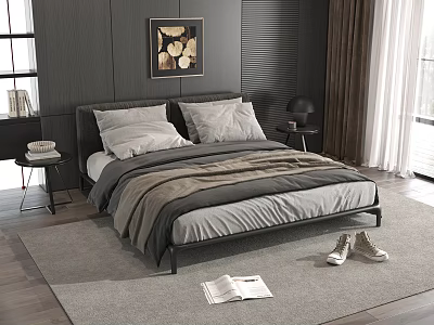 Modern Dark-Toned Background Double Bed Interior With Wooden Walls Framed Painting And Cozy Bedding 3d model