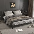 Modern Dark-Toned Background Double Bed Interior With Wooden Walls Framed Painting And Cozy Bedding