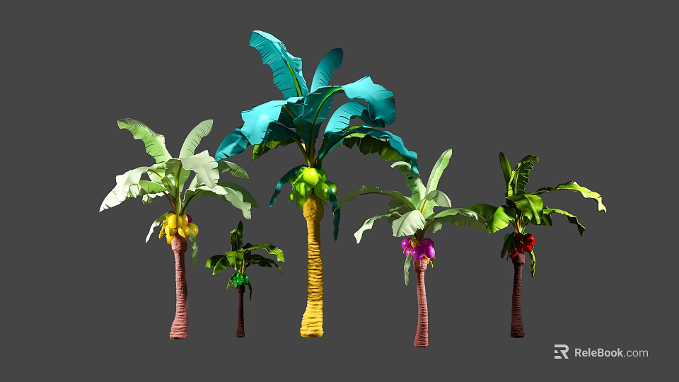 Vibrant Banana Trees Collection With Colored Trunks Various Fruits And Lush Green Leaves 3d model 