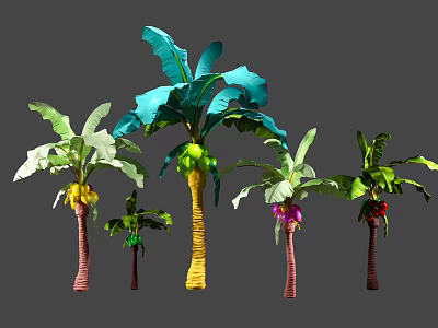 Vibrant Banana Trees Collection With Colored Trunks Various Fruits And Lush Green Leaves 3d model