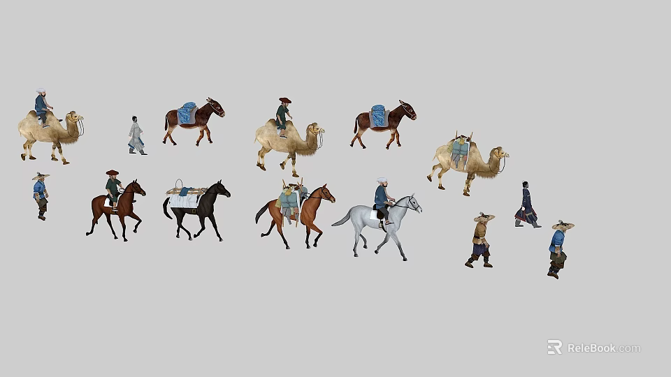 Group of People Riding Horses and Leading Camels in Caravan Scene 3d model 