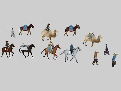 Group of People Riding Horses and Leading Camels in Caravan Scene 3d model