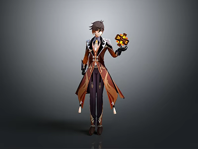 Fantasy Game Character Wearing Brown Purple Coat Holding Yellow Flower Shaped Creature 3d model