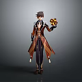 Fantasy Game Character Wearing Brown Purple Coat Holding Yellow Flower Shaped Creature
