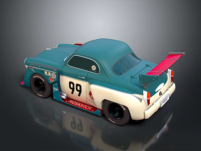 Vintage Modified Race Car In Turquoise And White With Number 99 And Rear Spoiler 3d model
