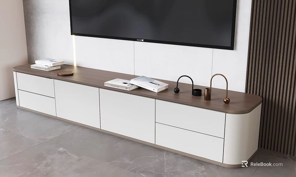 Modern TV Stand With Wooden Top White Cabinets Drawers And Decorative Items 3d model 