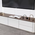 Modern TV Stand With Wooden Top White Cabinets Drawers And Decorative Items