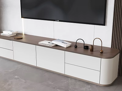 Modern TV Stand With Wooden Top White Cabinets Drawers And Decorative Items 3d model